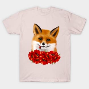 Cute face of a fox with red poppies. T-Shirt